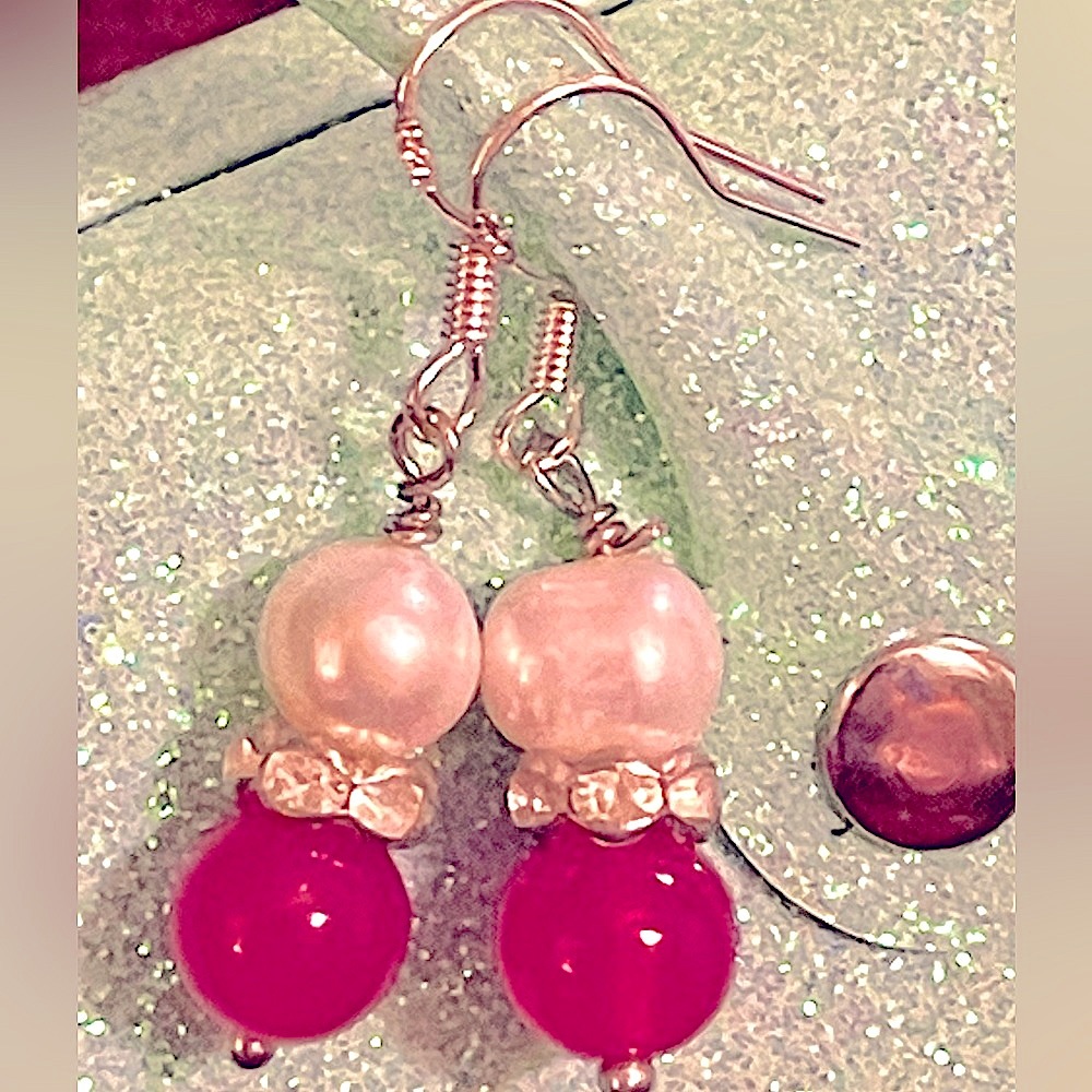 Red jade/freshwater pearl/crystal earrings sterling silver pierced
